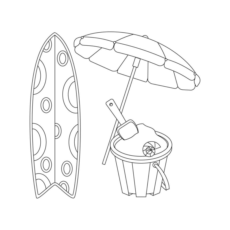 Beach set for summer trips. Bucket, sand, umbrella, surfboard. Line art. vector