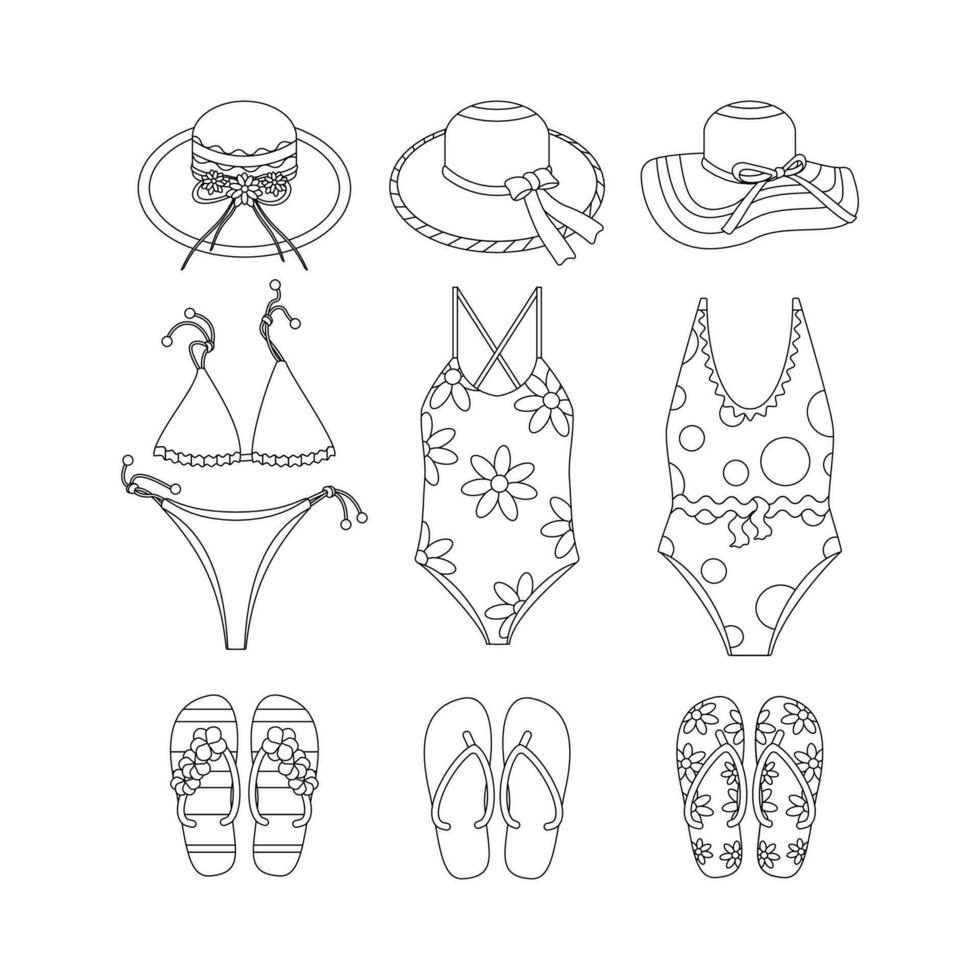 playa conjunto para verano excursiones. sombrero, traje de baño, zapatillas, chancletas. línea Arte. vector