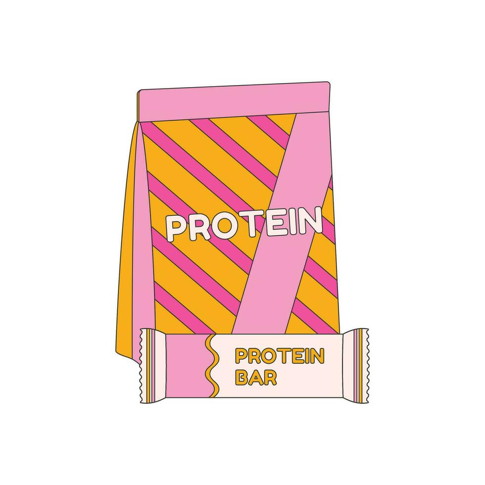 Protein, protein bar. Various Sport equipment. Fitness inventory, gym accessories. Workout stuff bundle. vector