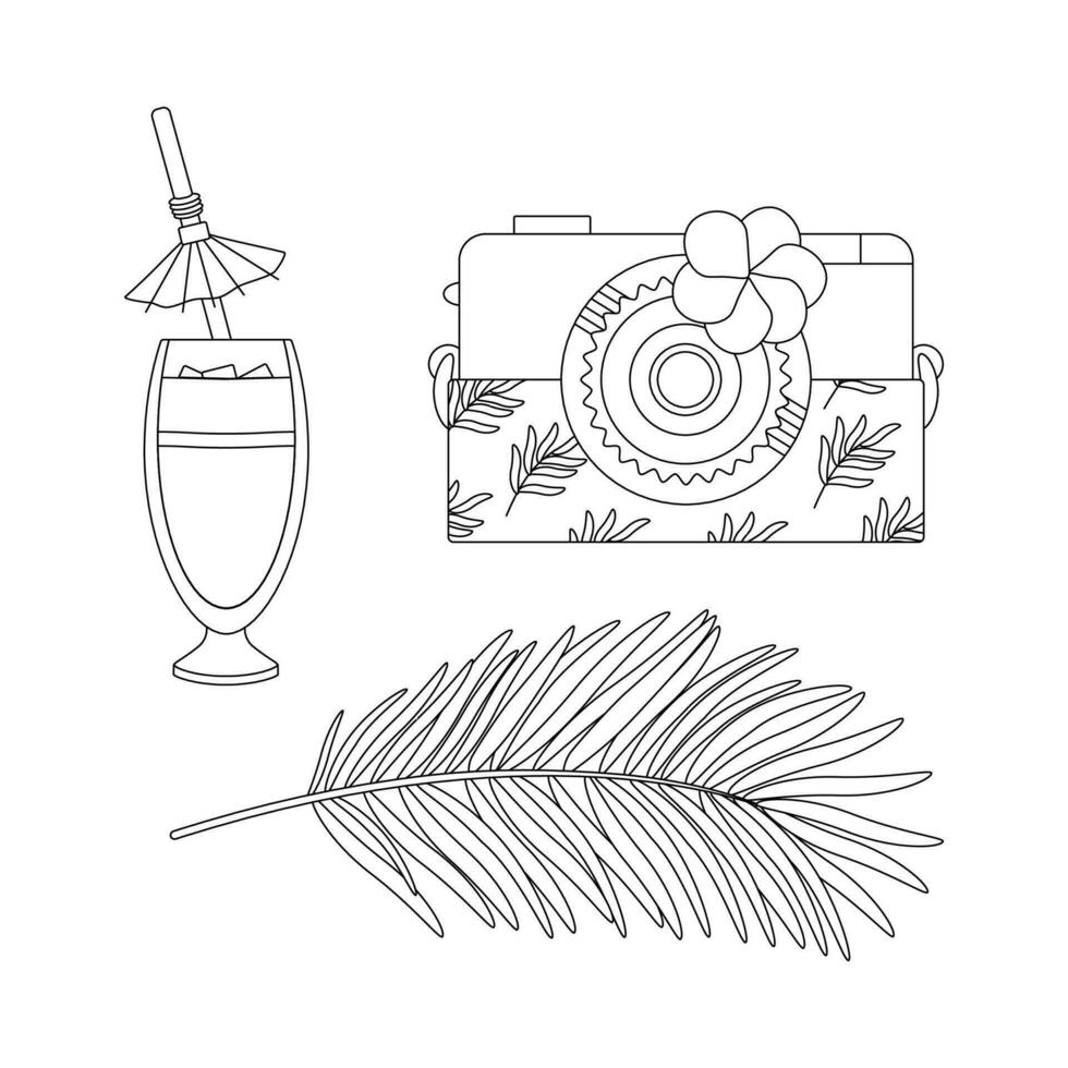Beach set for summer trips. Cocktail coconut, camera, palm leaves. Line art. vector