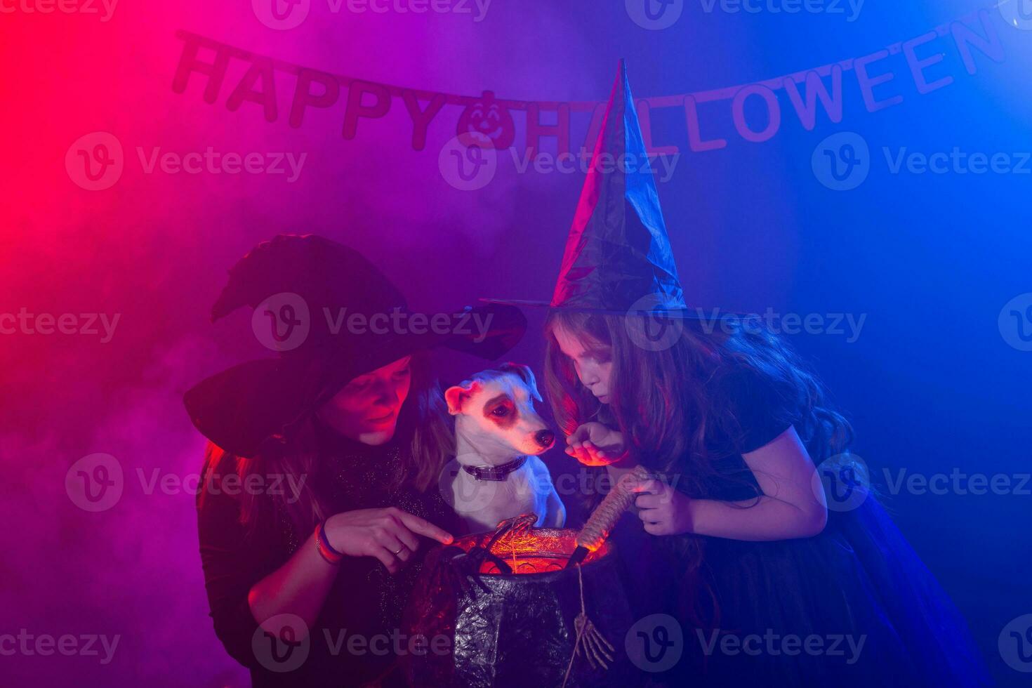 Funny child girl and woman in witches costumes for Halloween with dog making magic. photo