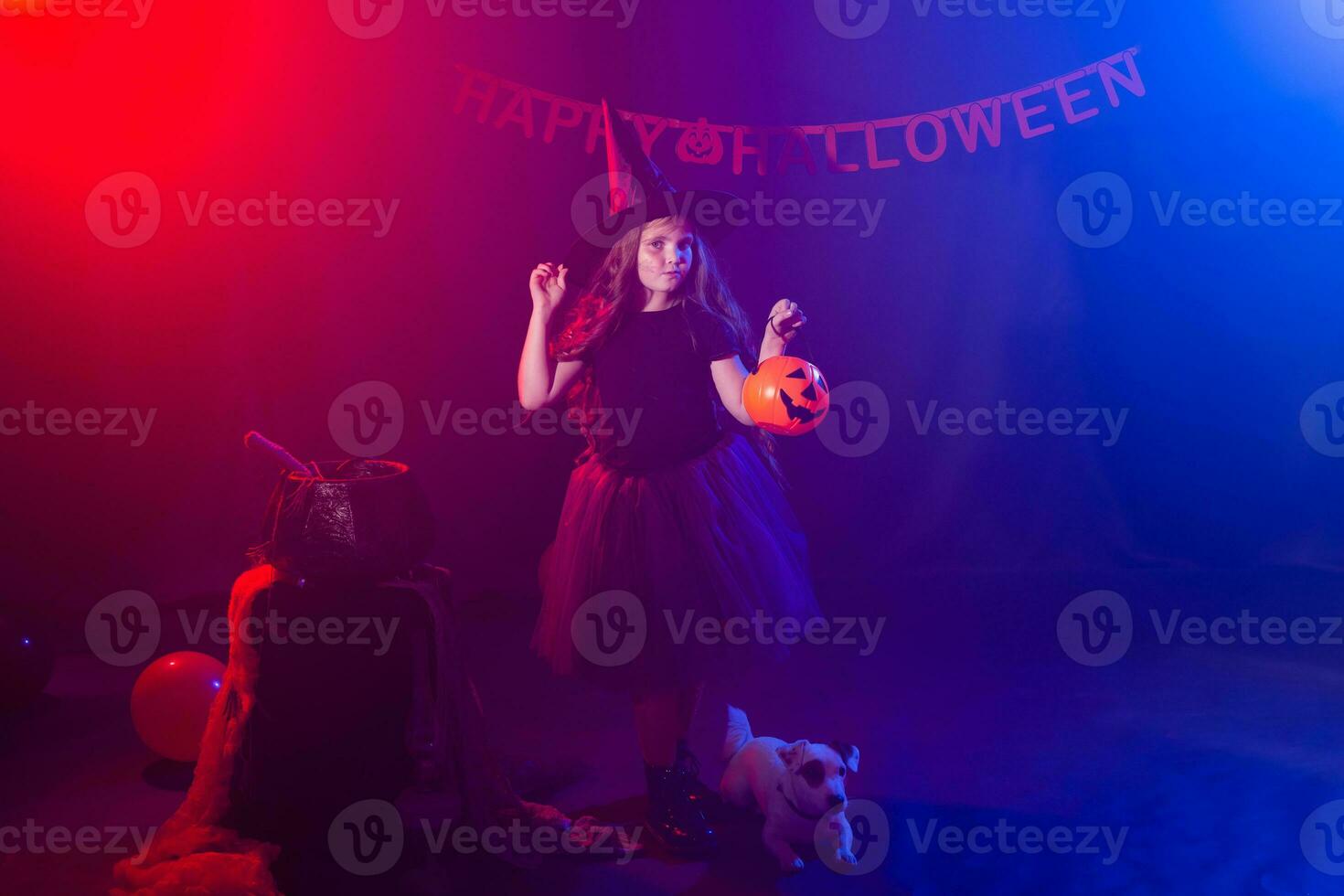 Funny child girl in witch costume for Halloween with pumpkin Jack and dog. photo
