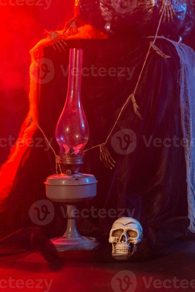 Symbol of Halloween. dark background. Halloween card. Lamp in decorations. Background. photo