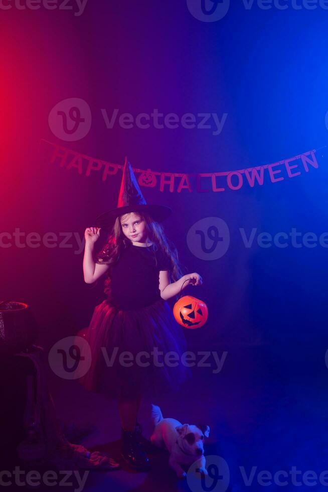 Funny child girl in witch costume for Halloween with pumpkin Jack and dog. photo