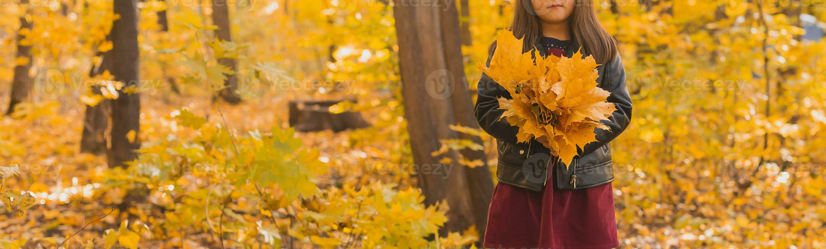 Banner autumn portrait of cute little asian girl copy space. Children, fall and season concept. photo