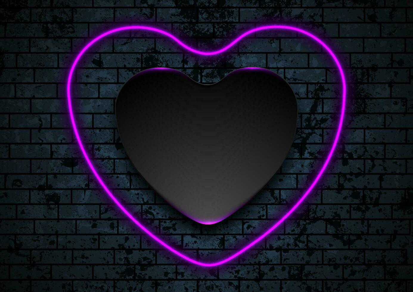 Neon purple heart on dark brick wall background vector