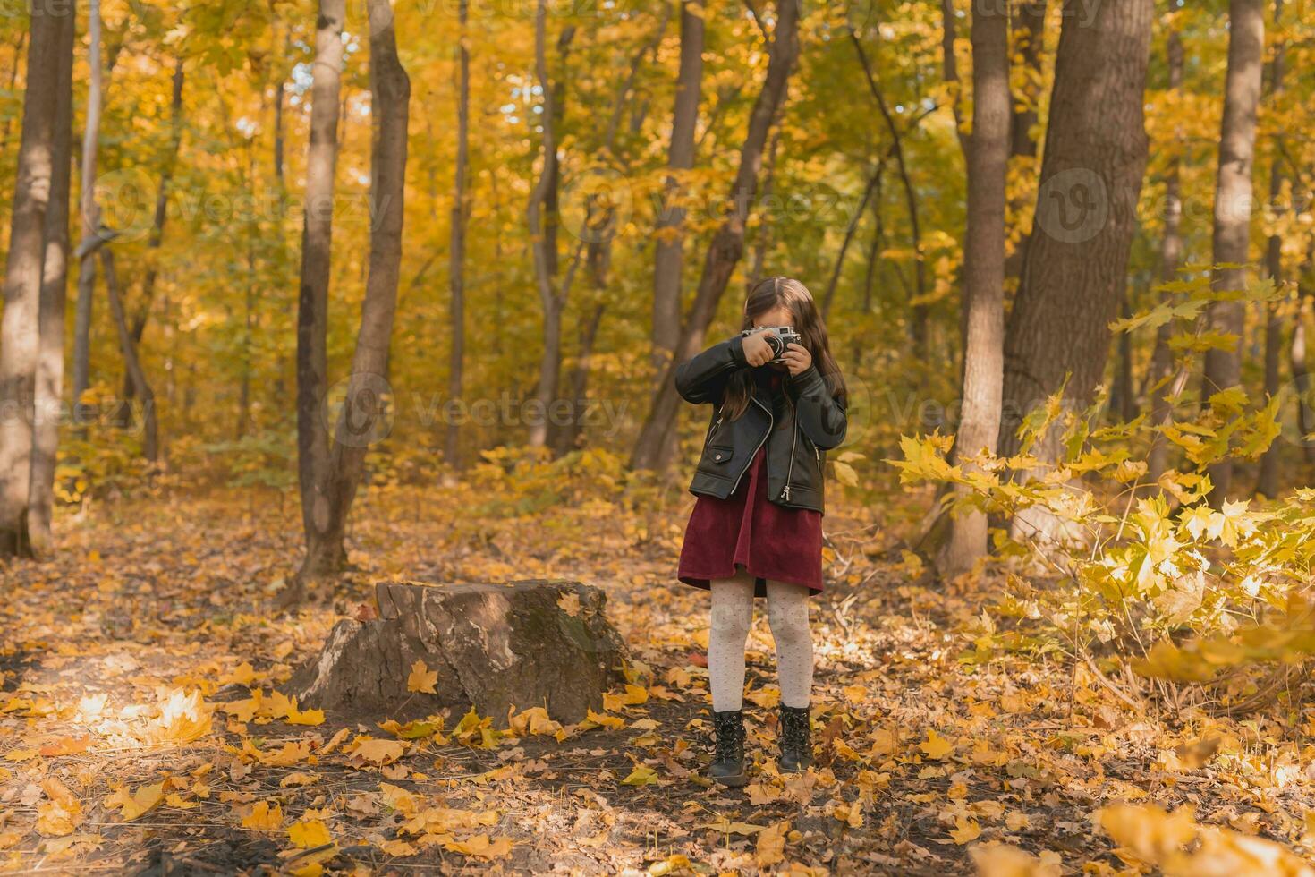 un pequeño niña tomar un foto con antiguo retro cámara en otoño naturaleza. ocio y pasatiempo concepto.