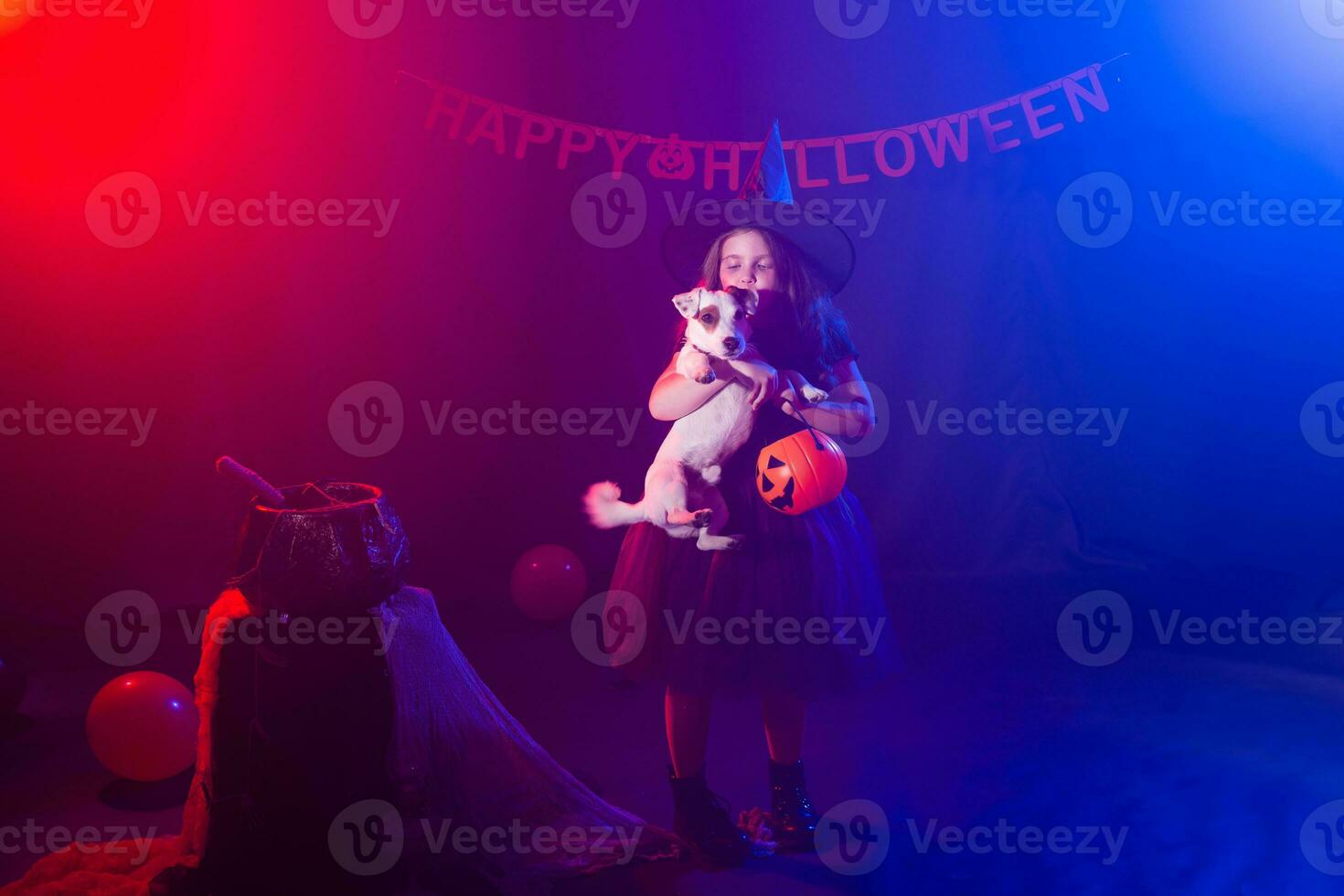 Funny child girl in witch costume for Halloween with pumpkin Jack and dog. photo
