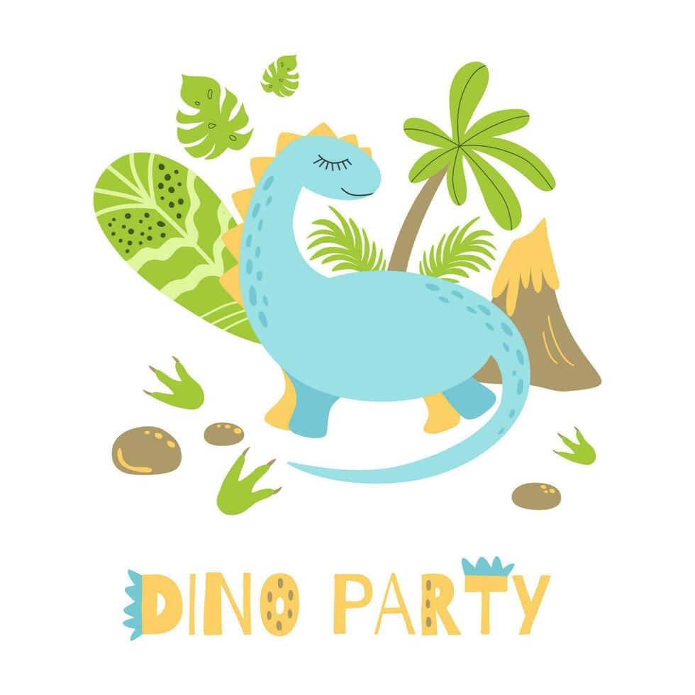 Dinomite party Invitation card or poster with text. Cute dinosaur in cartoon kids style. Bright colors Happy birthday dinosaur invitation template. Baby print dino. Vector illustration.