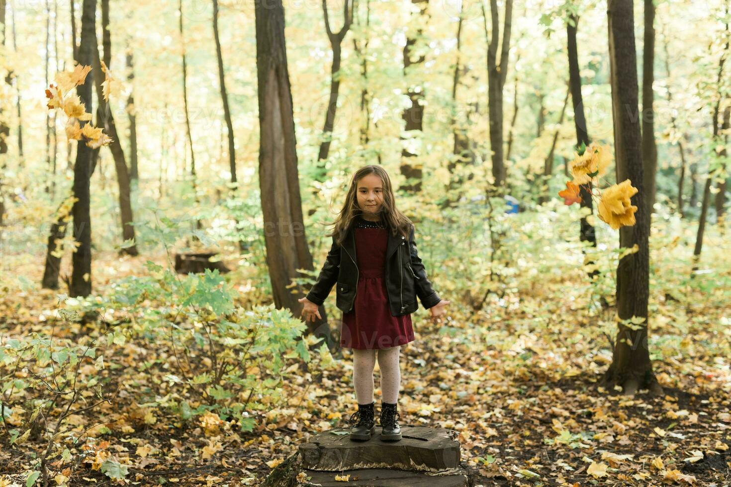 asiático niño niña riendo y jugando en el otoño en el naturaleza caminar al aire libre foto