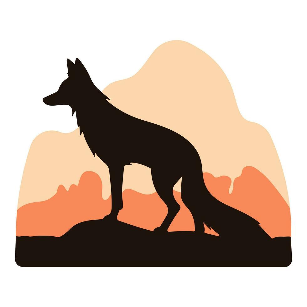 Vector silhouette of a black fox standing on the road with an orange background
