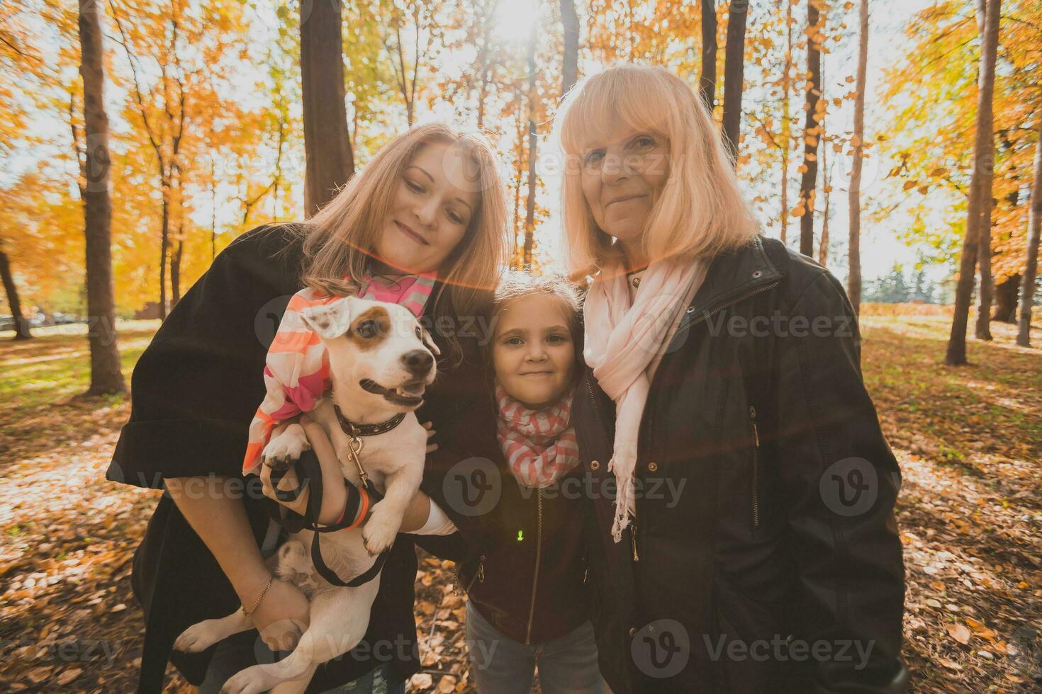 Three generations of women and dog feel fun look at camera posing for self-portrait picture together, funny excited child, mom and grandmother have fun enjoy weekend take selfie on gadget in autumn photo