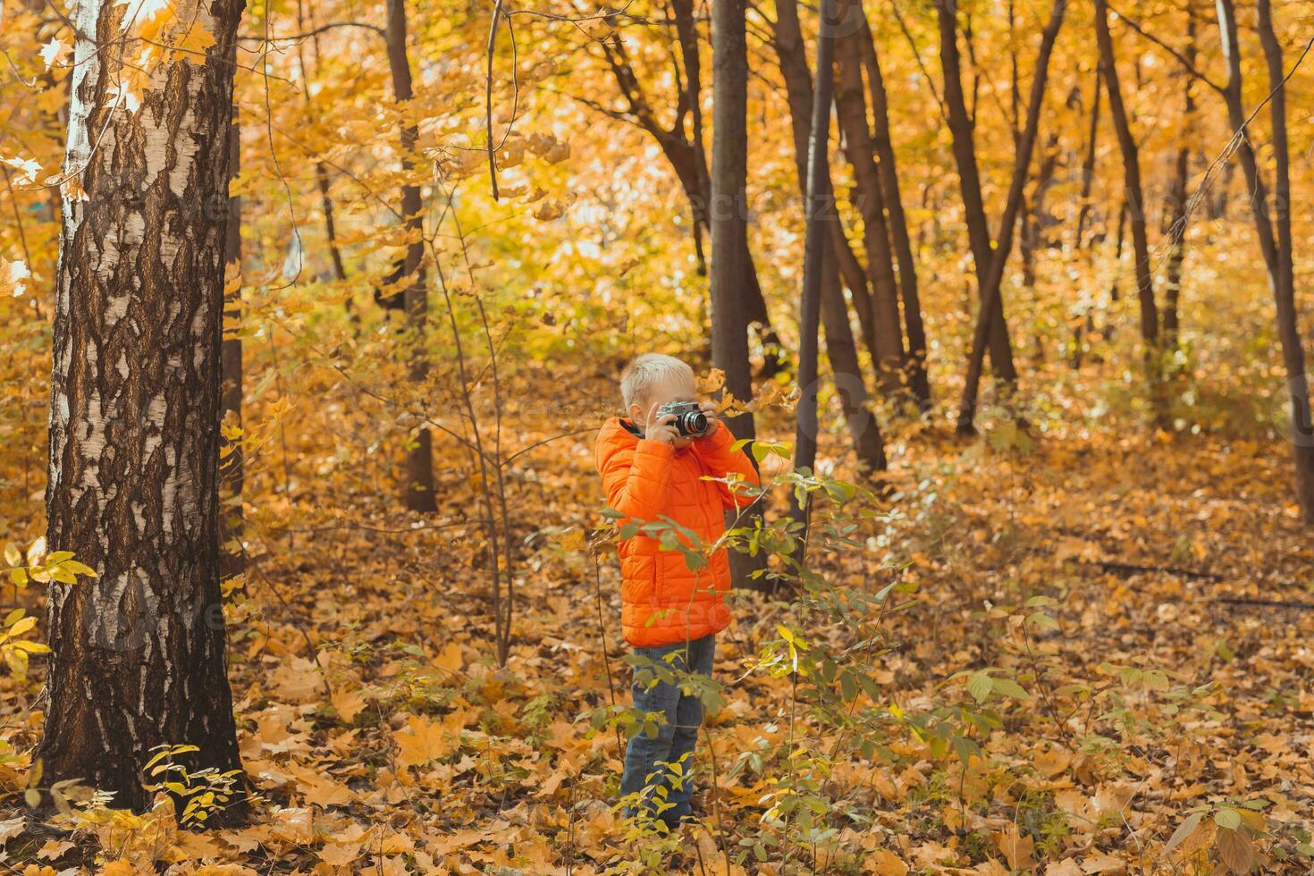 Boy with retro camera taking pictures outdoor in autumn nature. Leisure and photographers concept photo