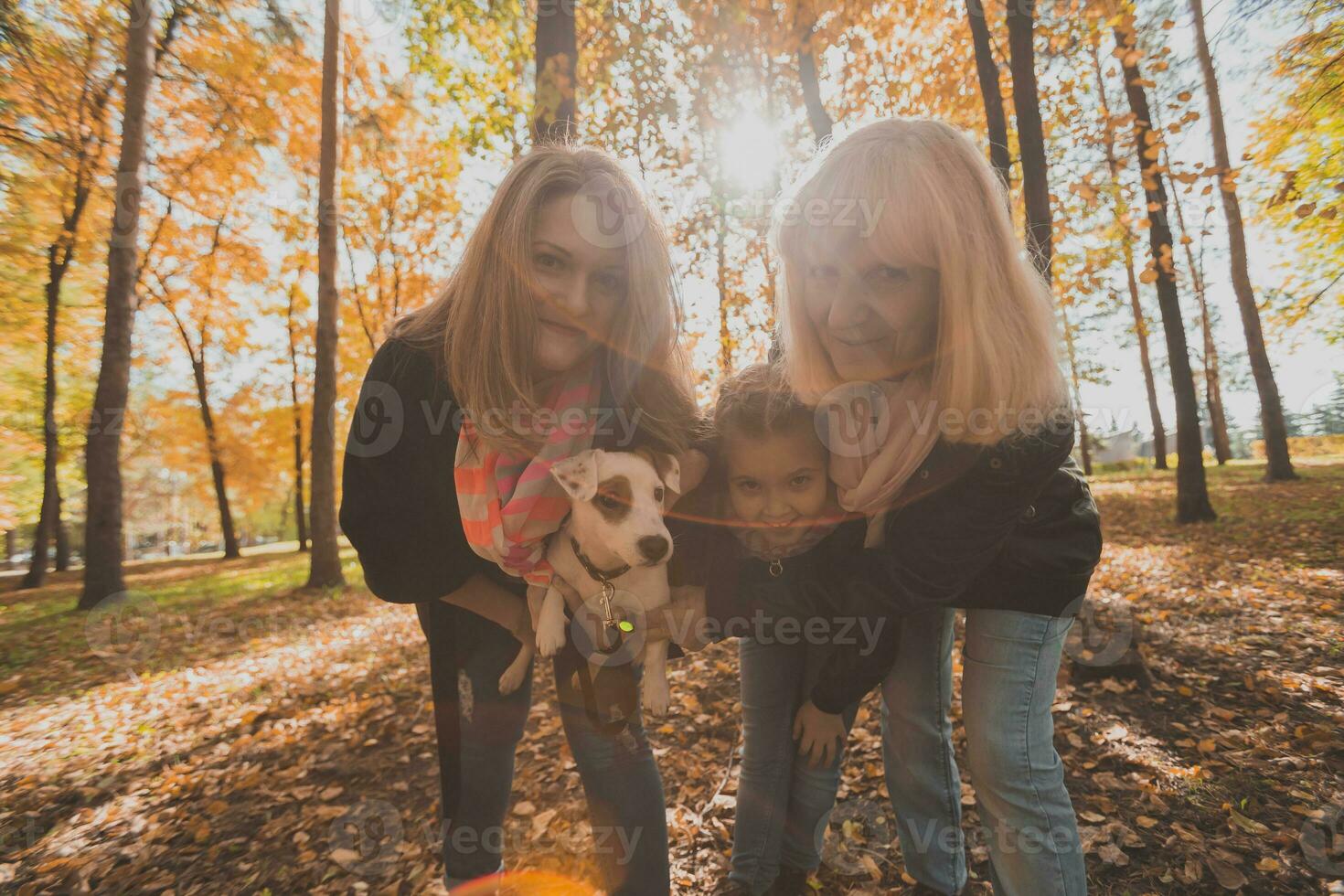 Three generations of women and dog feel fun look at camera posing for self-portrait picture together, funny excited child, mom and grandmother have fun enjoy weekend take selfie on gadget in autumn photo