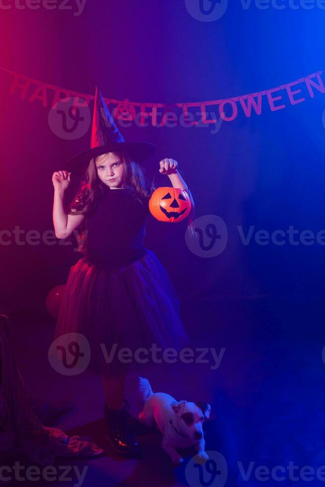 Funny child girl in witch costume for Halloween with pumpkin Jack and dog. photo
