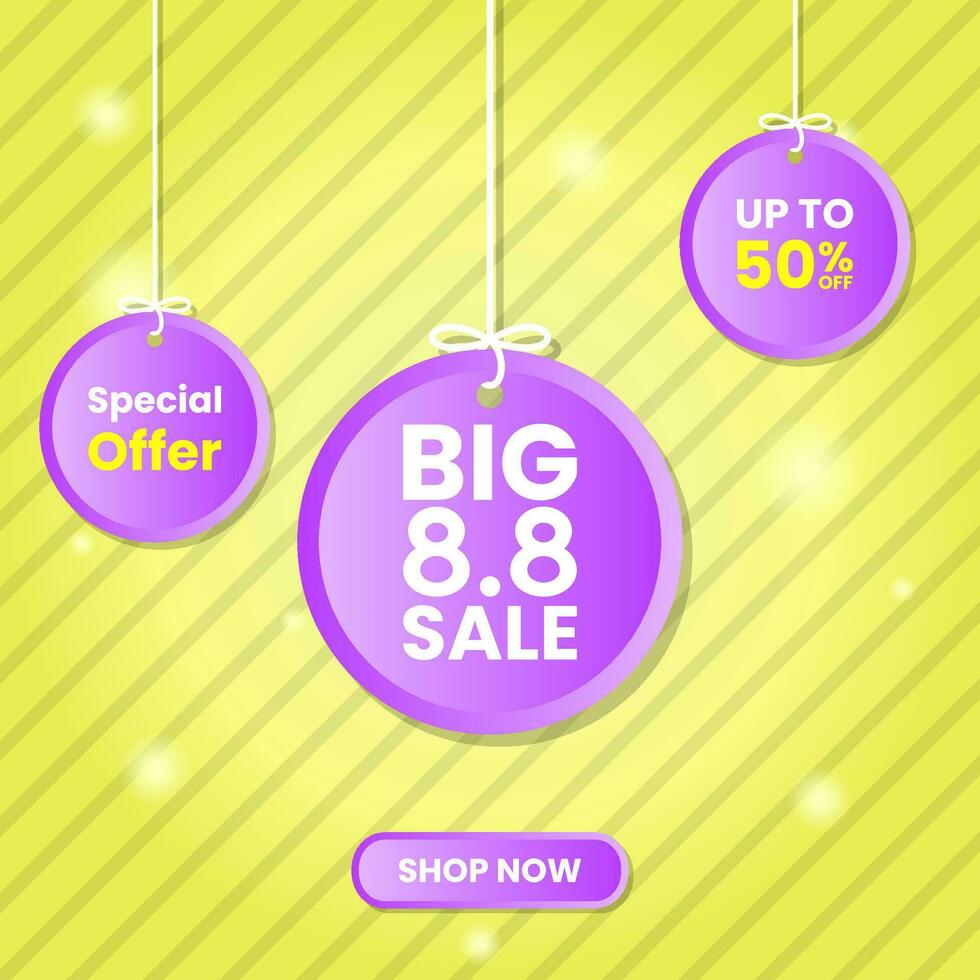 Circle price tag. Big Sale 8.8 promotion template. Up To 50 percent off. yellow background, diagonal stripes pattern. Text, modern, sparkling, colorful concept. used for poster, banner, advert or ads vector