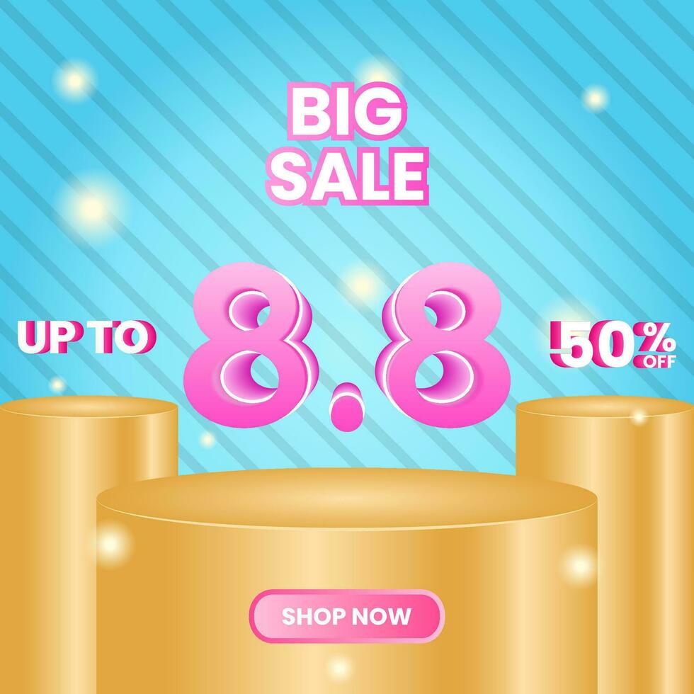 Design for Big Sale 8.8 promotion. Up To 50 percent off. gold cylider podium. Diagonal stripes pattern. 3d text, modern, sparkling, colorful concept. used for poster, banner, advertising or ads vector