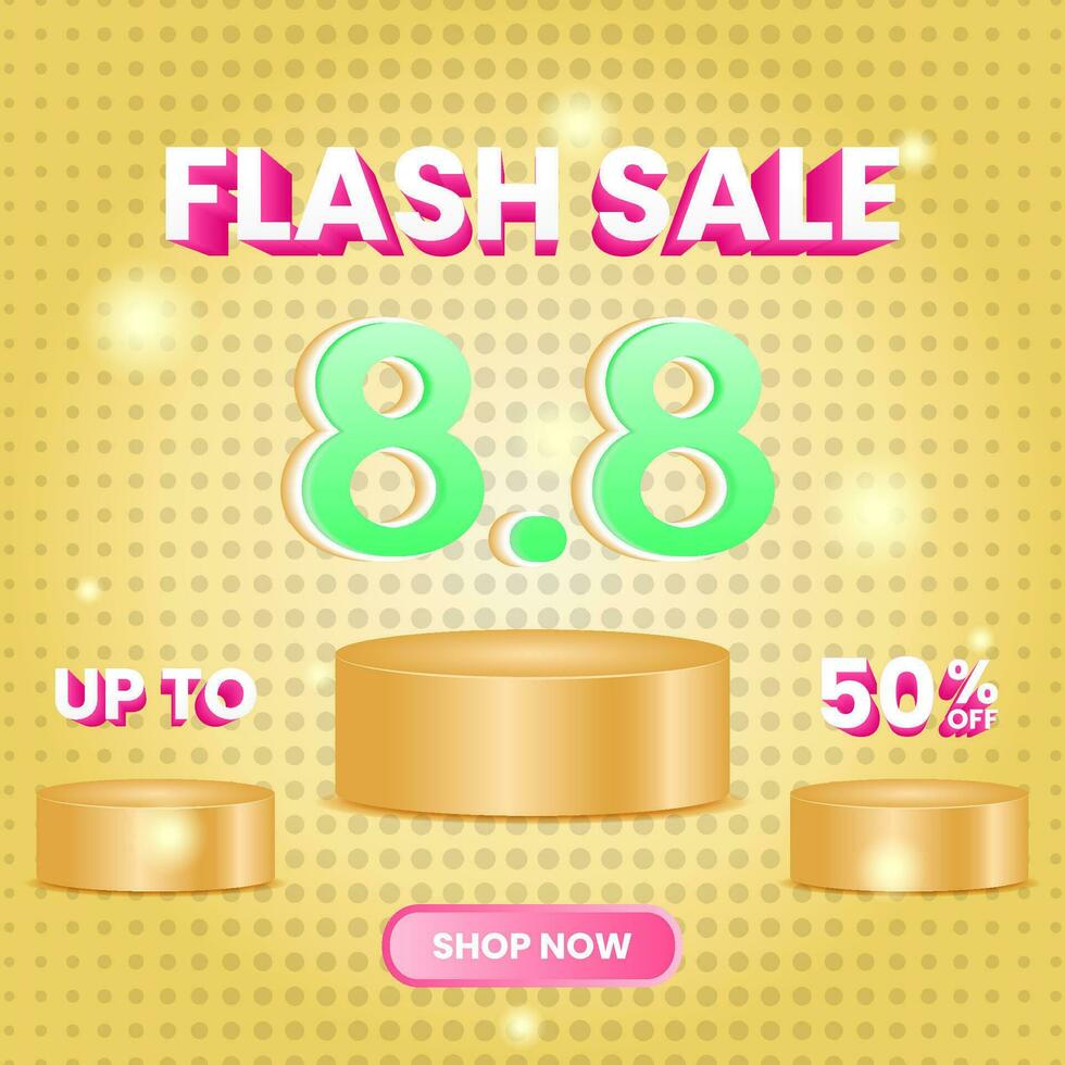 Design template for Flash Sale 8.8 promotion. Up To 50 percent off. gold cylider podium. dots pattern. 3d text, modern, sparkling, colorful concept. used for poster, banner, advertising or ads vector