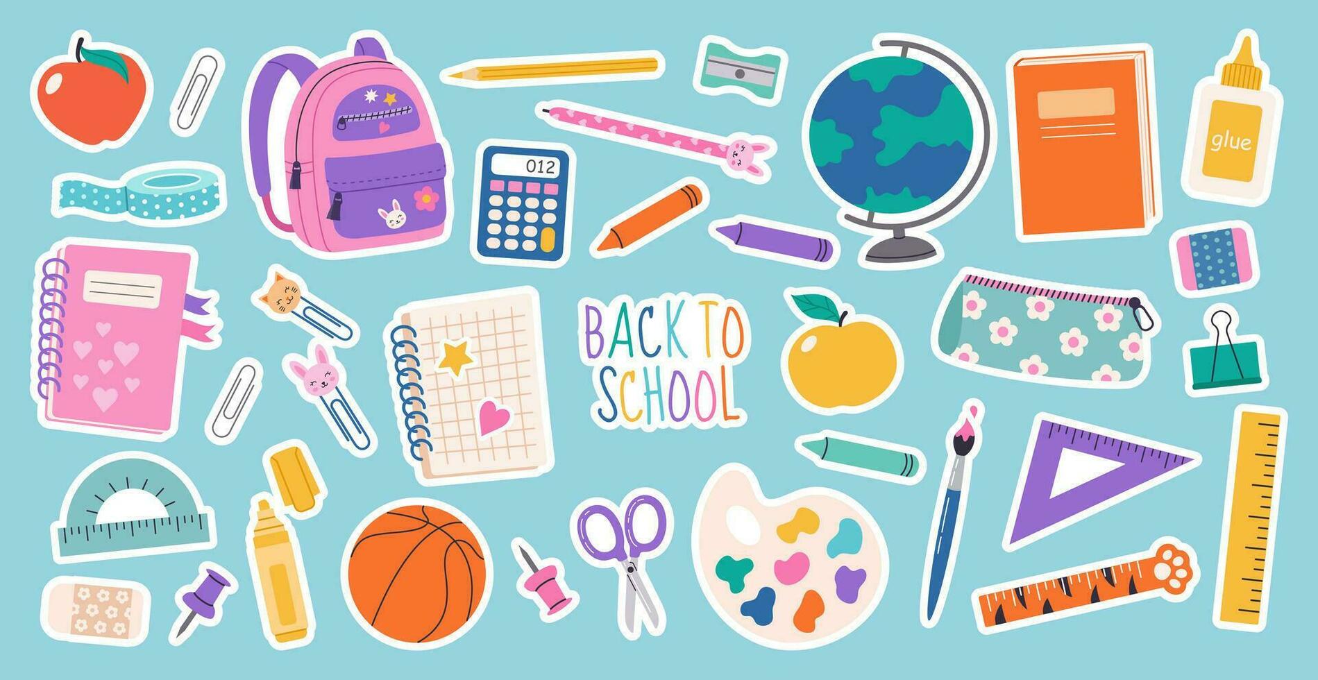 Set of school supplies and education stickers. Back to school. Backpack, books, globe, pencil box, paints, ruler, pen, pencil. Suitable for prints, cards, paper crafts, scrapbooking. vector