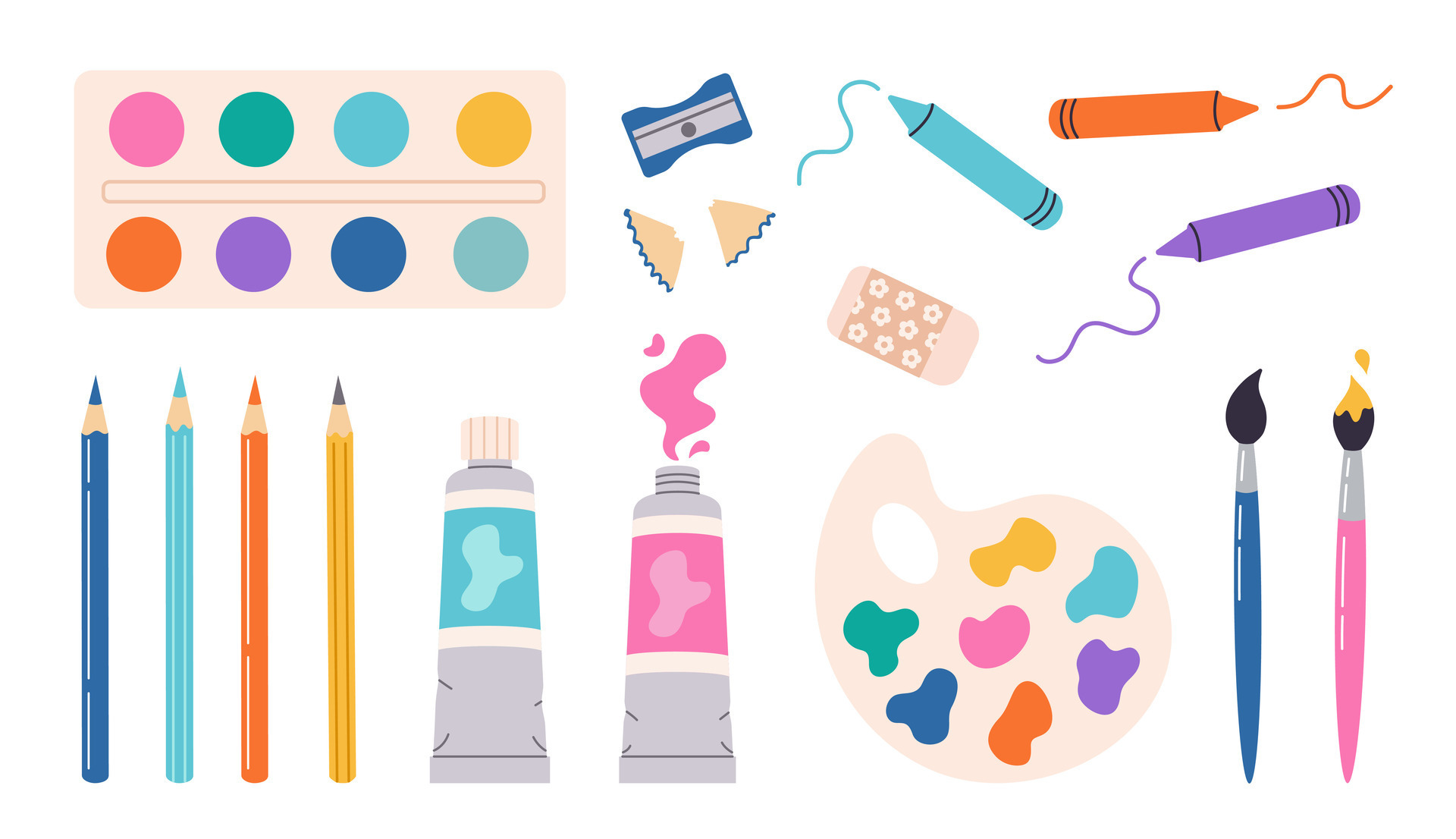 https://static.vecteezy.com/system/resources/previews/026/226/274/original/painting-tools-elements-set-in-cartoon-style-art-supplies-paint-tubes-brushes-pencils-watercolor-palette-crayons-hand-draw-illustration-vector.jpg