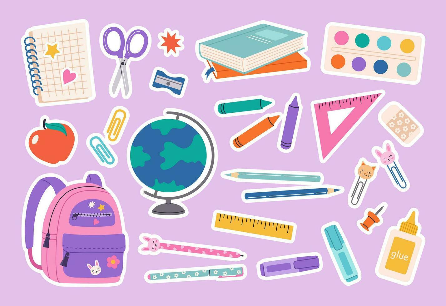 Set of school supplies and education stickers. Back to school. Backpack, books, globe, paints, ruler, pen, pencil. Suitable for prints, cards, paper crafts, scrapbooking. vector