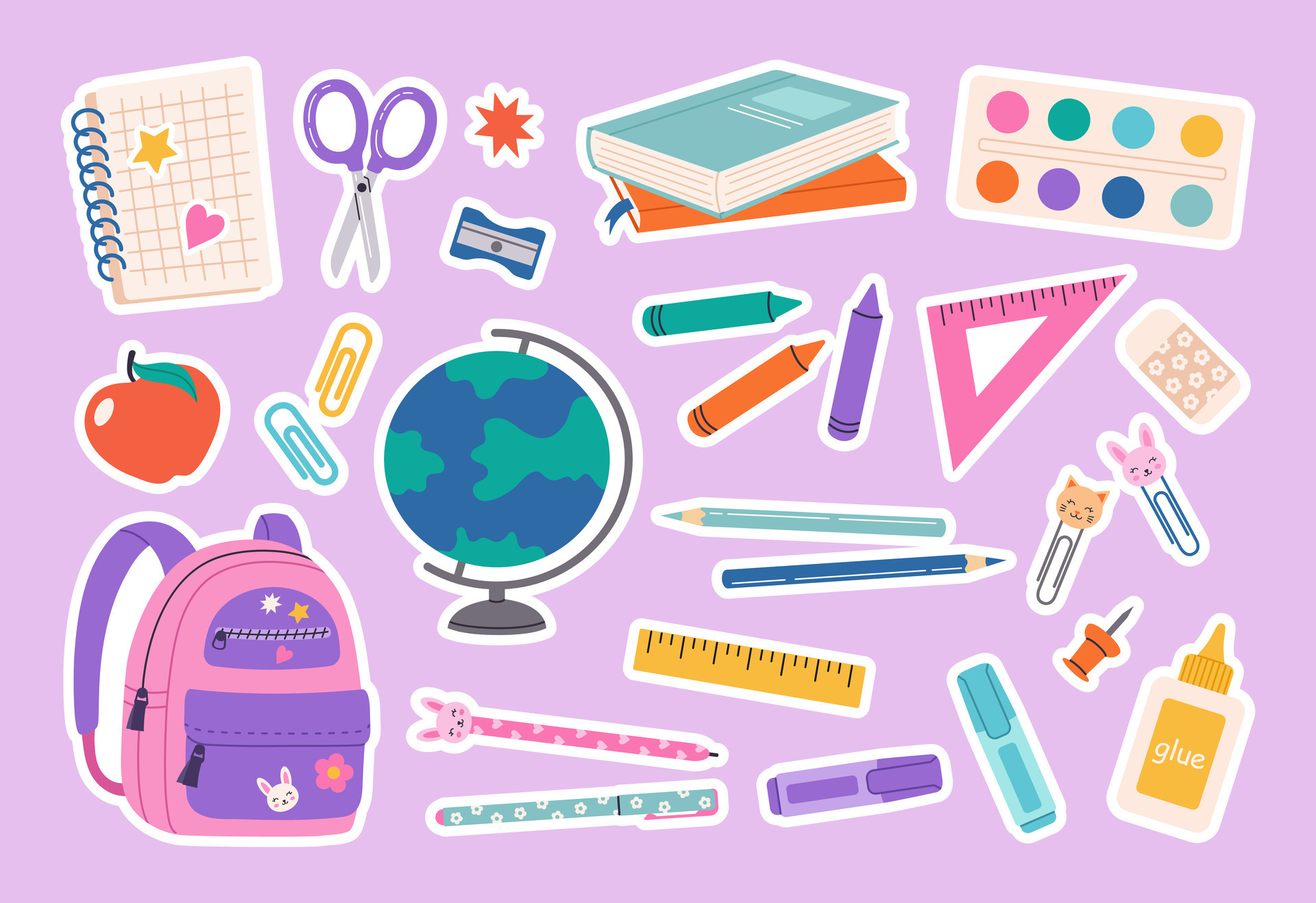 Set of school supplies and education stickers. Back to school. Backpack