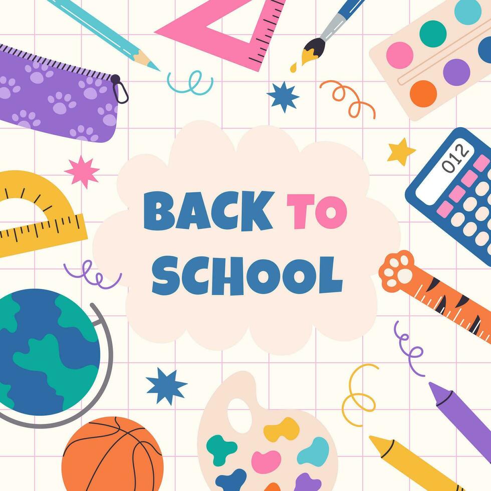 Back to school banner template. Flat cartoon hand draw illustration. Vector design with school supplies. Perfect for social media, web ads, print, flyers, cards.