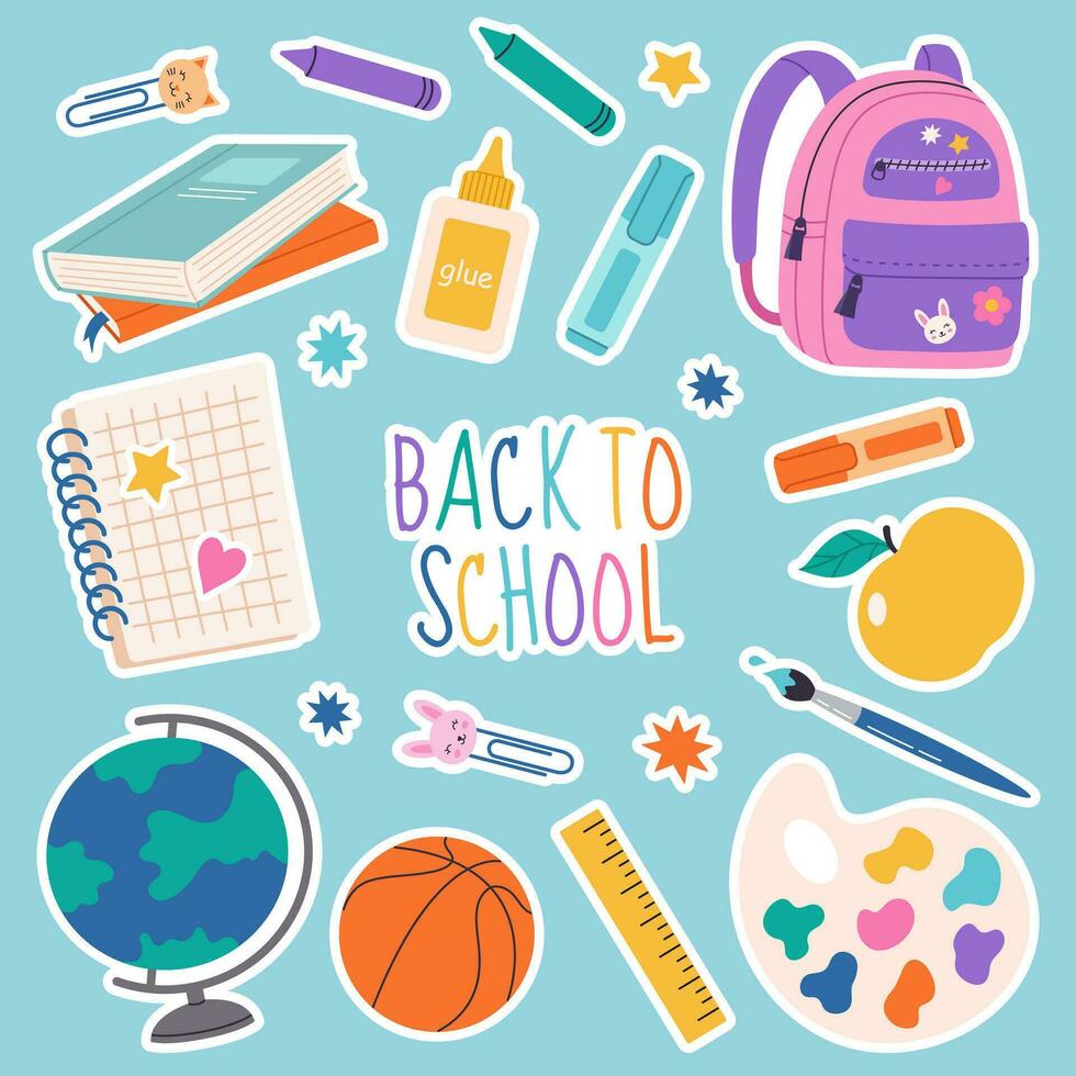 Set of school supplies and education stickers isolated on blue background. Back to school. Suitable for prints, cards, paper crafts, scrapbooking. vector