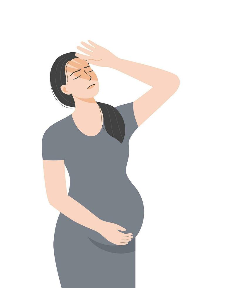 Isolated of a pregnancy woman holding her belly and feeling worry, flat vector illustration.