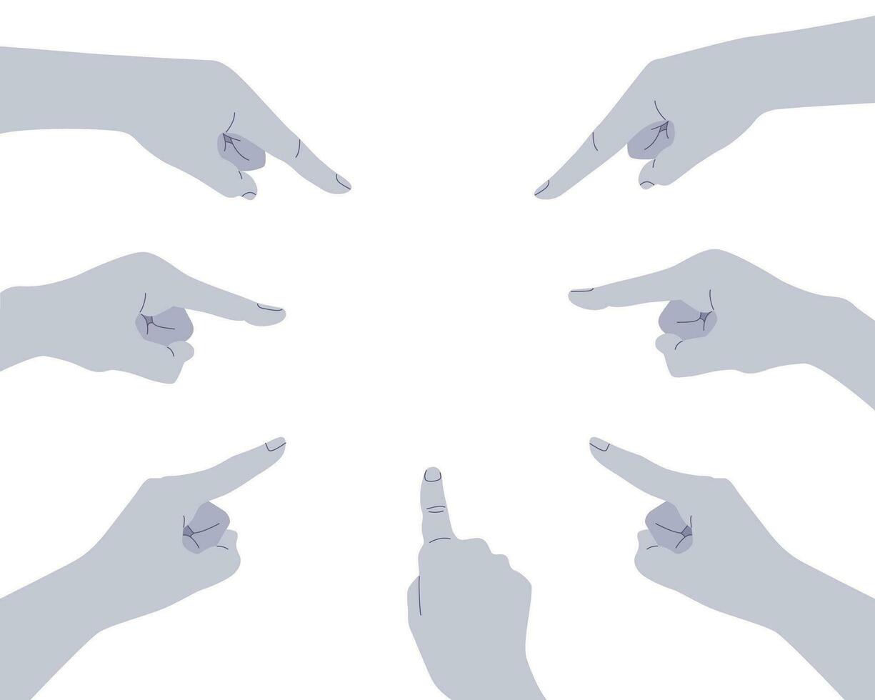 Set of hand gestures pointing to blank space in center, flat vector illustration.