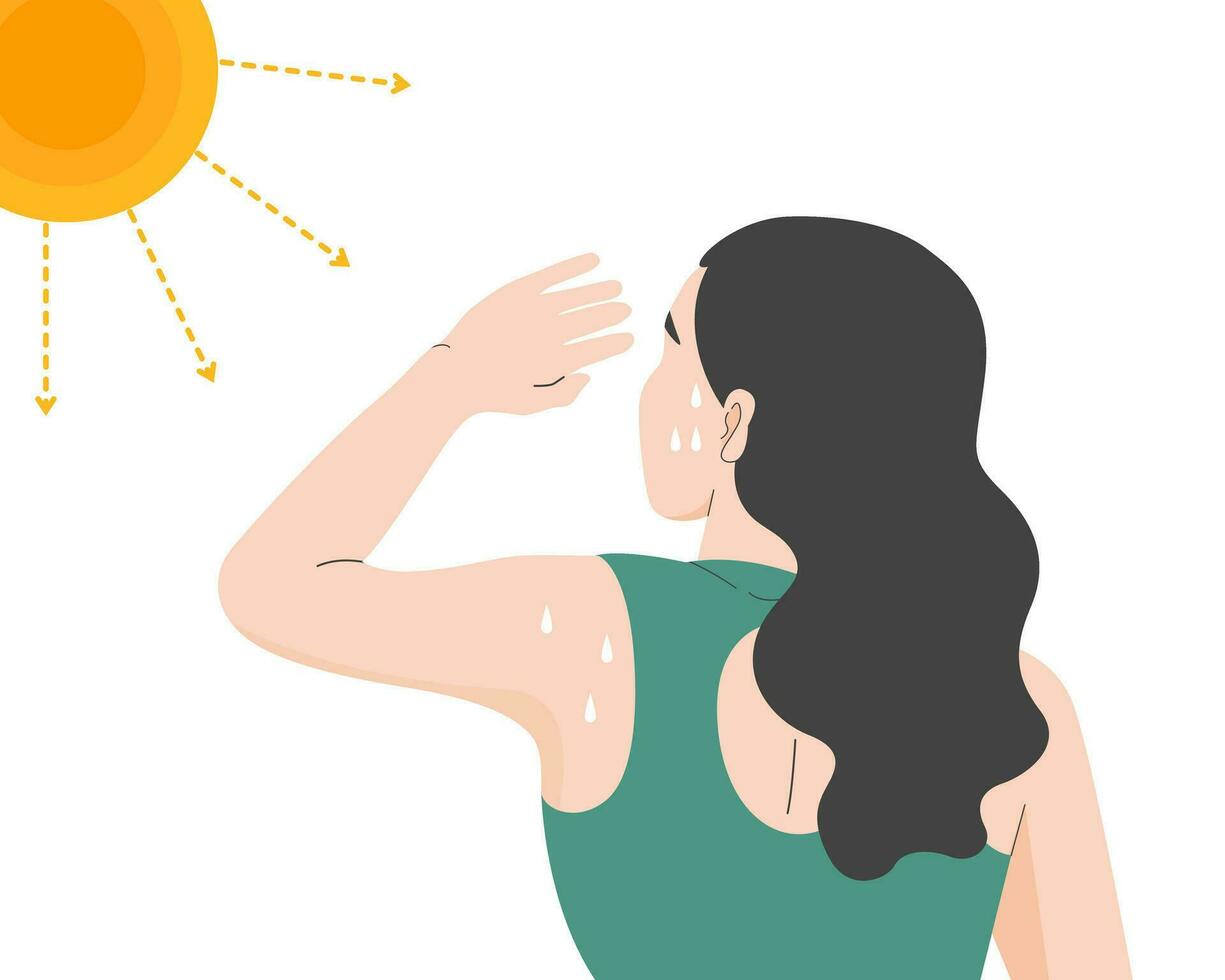 un mujer con golpe de calor. teniendo insolación en verano caliente clima, niña participación mano en cabeza. plano vector ilustración.
