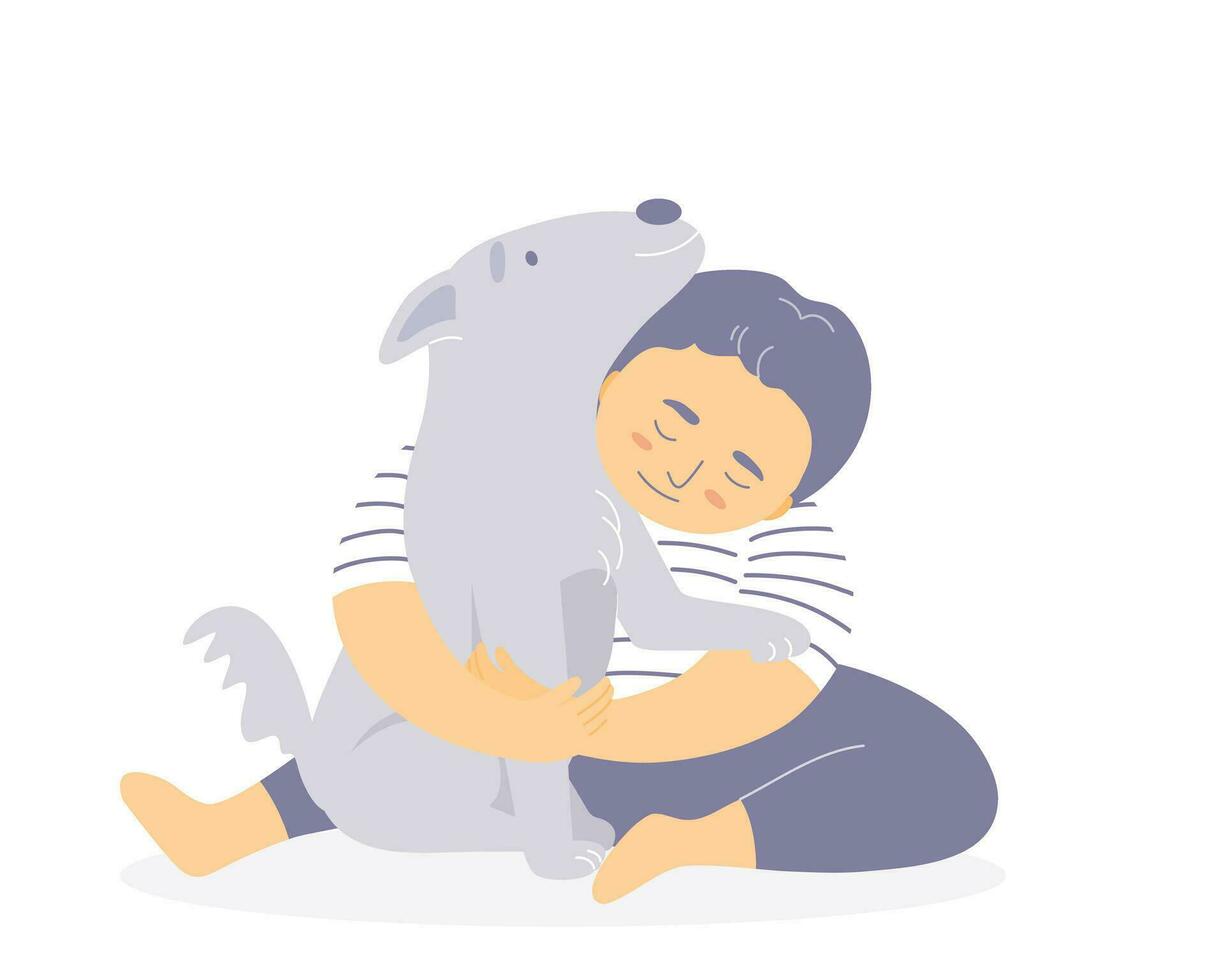 Isolated of a child boy hugging a dog, therapy dog concept. Flat vector illustration.