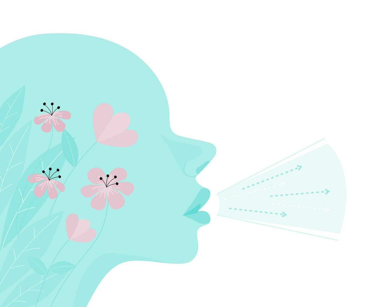 silhouette of breathing woman with flowers in flat vector illustration.