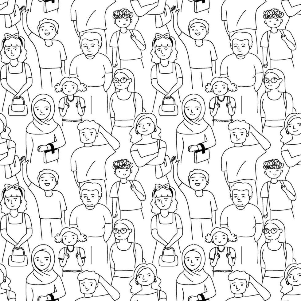 Seamless pattern with crowd of people, outline doodle cartoon style. vector
