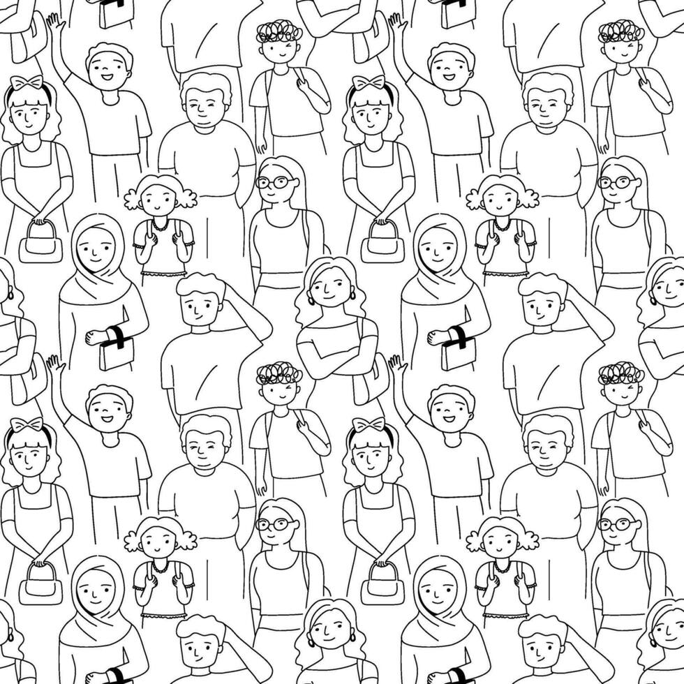 sin costura modelo con multitud de gente, contorno garabatear dibujos animados estilo. vector