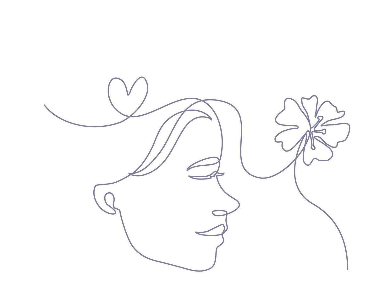 Continuous line art of a happy woman with a flower and heart shape symbol, lineart vector illustration.