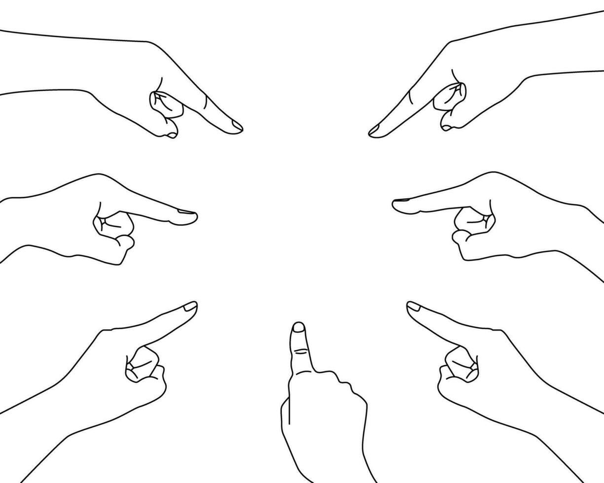 Set of hand gestures pointing to blank space in center, out line vector illustration.