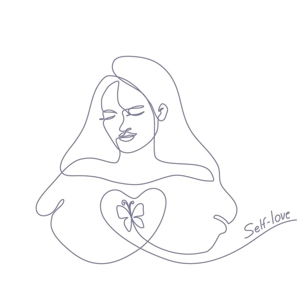 Continuous line art of a woman with a butterfly inside heart shape symbol, lineart vector illustration.
