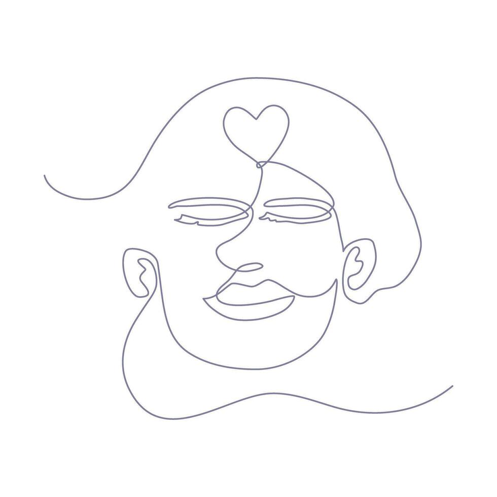 Continuous line art of human face with heart shape symbol, self love concept. Lineart vector illustration.