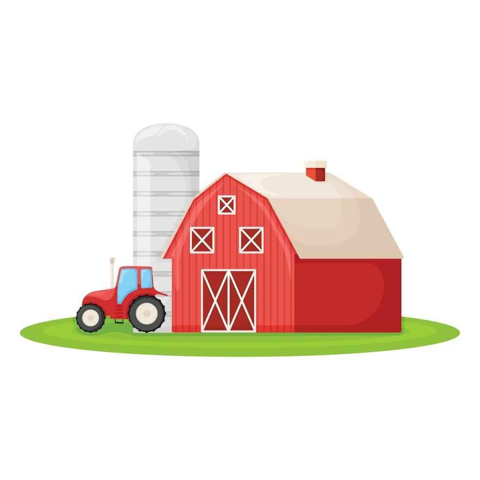 país casa con rojo granero, granjero tractor y granero edificio en verde granja campo trama dibujos animados vector ilustración, aislado en blanco.
