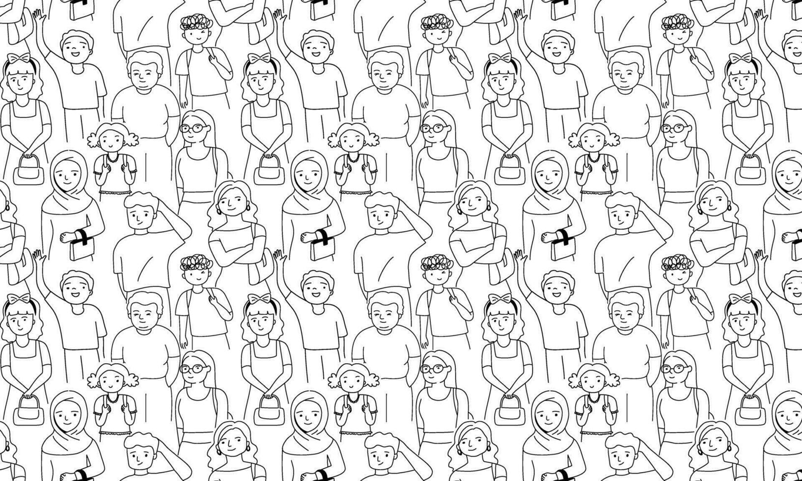 Seamless pattern with crowd of people, outline doodle cartoon style. vector