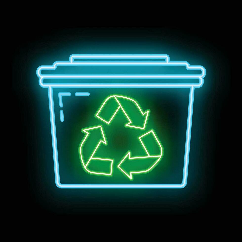 Eco friendly alternative energy source and waste recycling icon, concept green eco earth glow neon flat vector illustration, isolated on black.