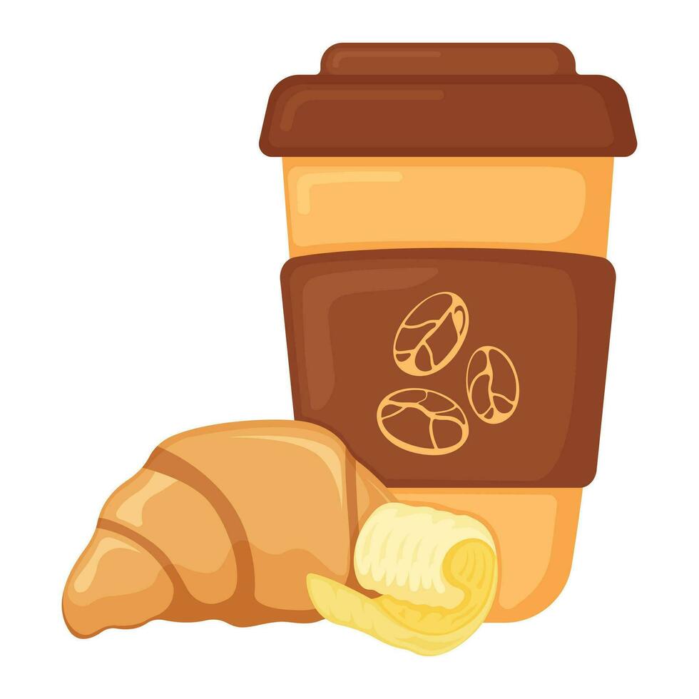 French croissant with coffee cup, breakfast butter bakery product icon, concept cartoon organic beverage food vector illustration, isolated on white.