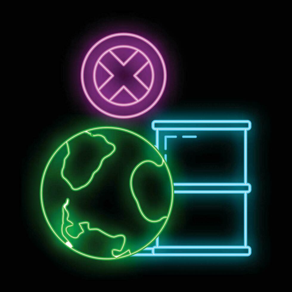 Stop use barrel oil industry, world oil pollution by petroleum concept icon, green eco earth glow neon flat vector illustration, isolated on white.