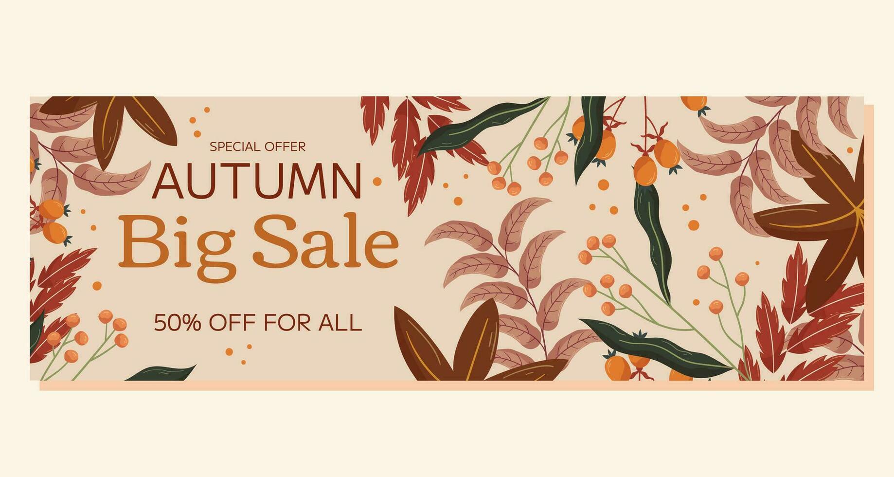 Autumn Big Sale horizontal banner template design with copy space. Frame with maple leaf and orange berry, red and brown leaves branch. Marketing banner with a special offer vector