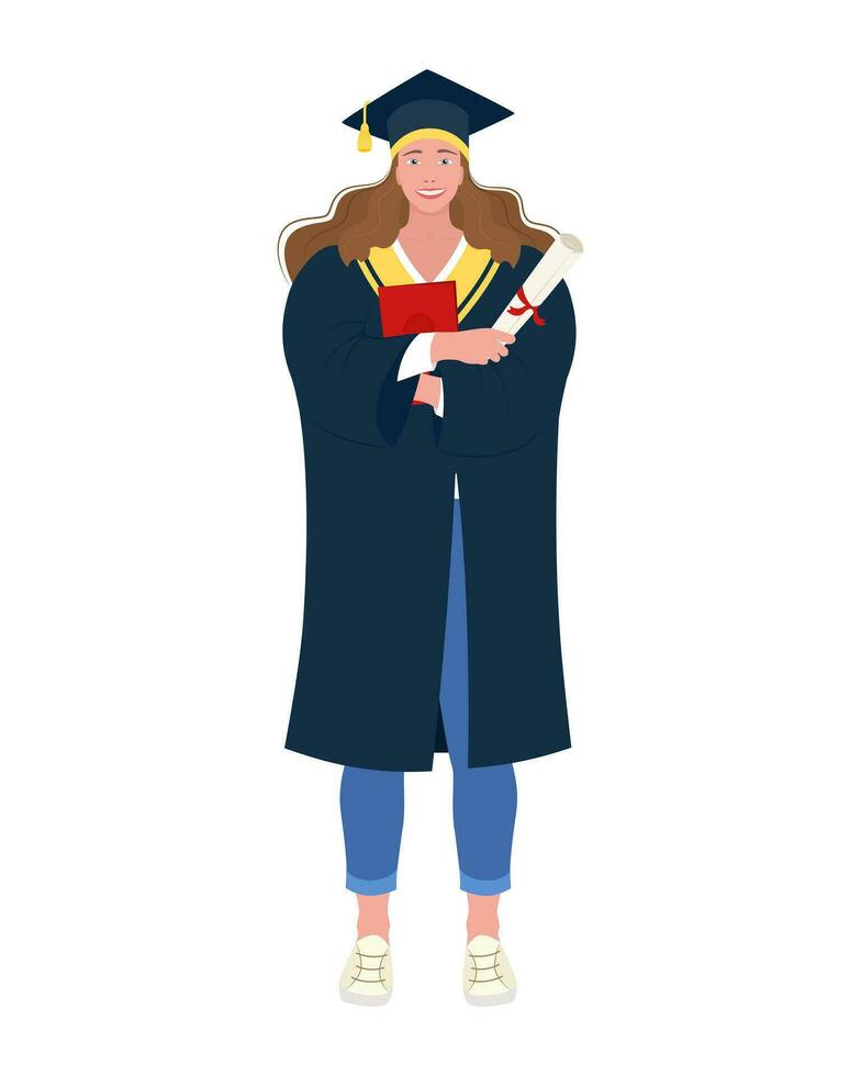 Full-length portrait of a female student, graduate in an academic cap and gown with a diploma in her hands. Vector illustration.