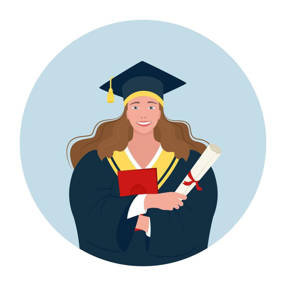 Portrait of a student, graduate in a stylized academic cap and gown. Vector illustration.