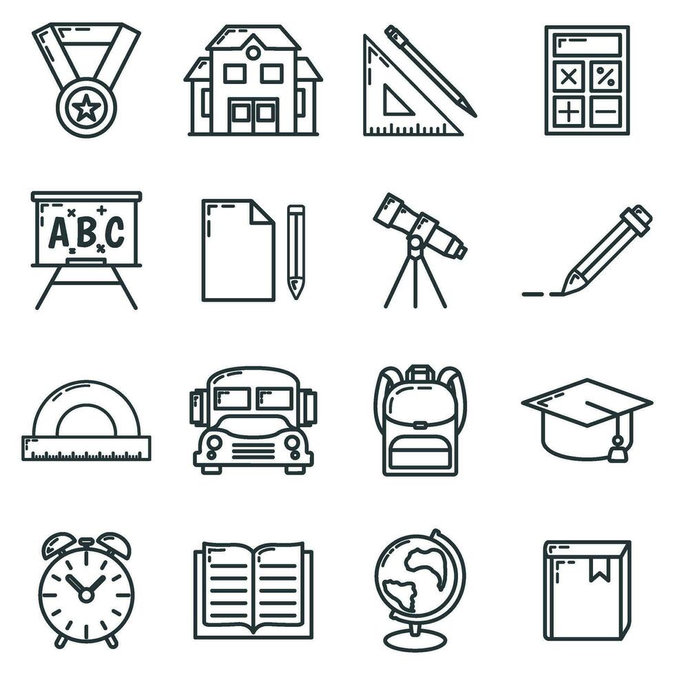 Concept set back to school icon, 16 stationery education item educational institution process, flat outline vector illustration, isolated on white.