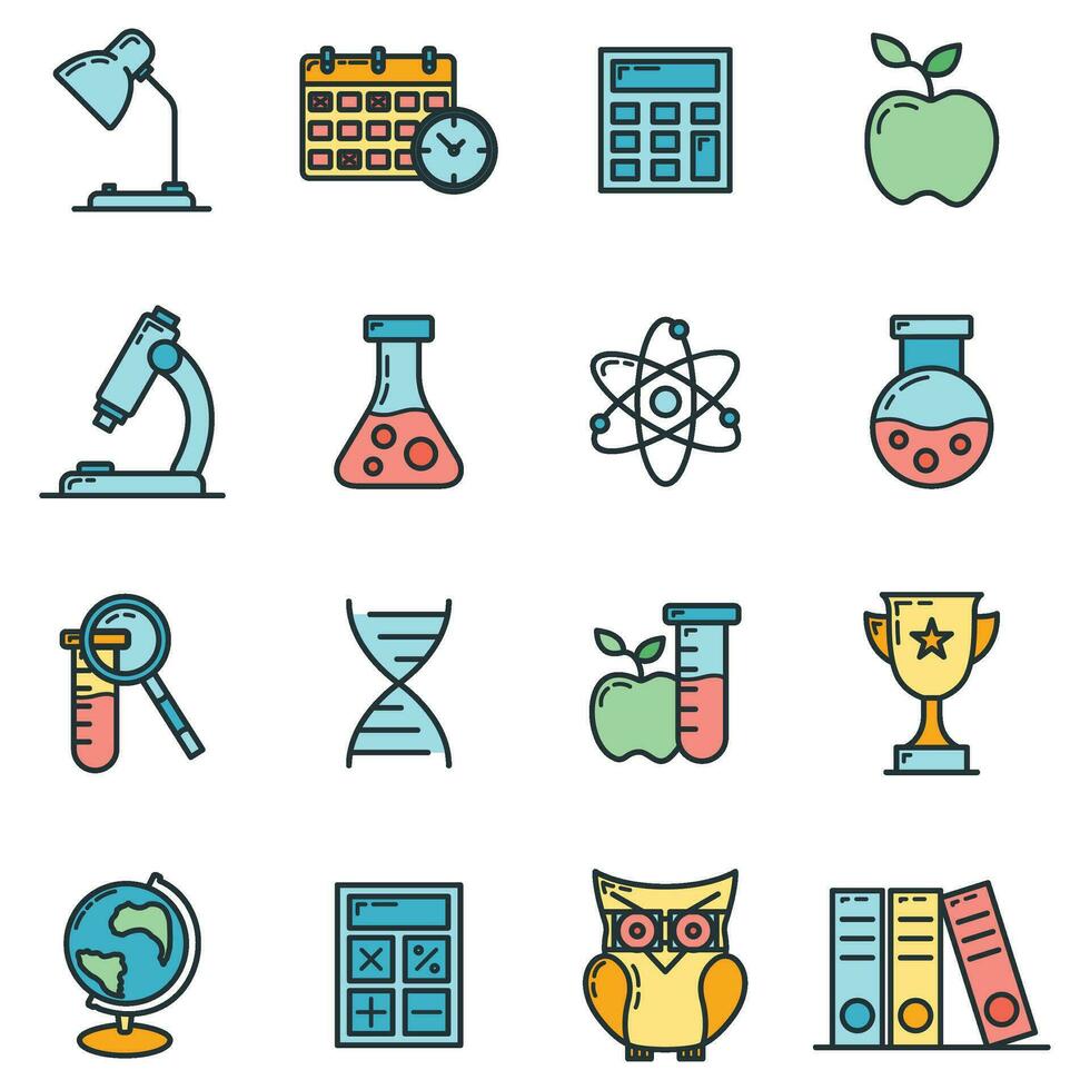 Concept set back to school icon, 16 stationery education item educational institution process, flat outline vector illustration, isolated on white.
