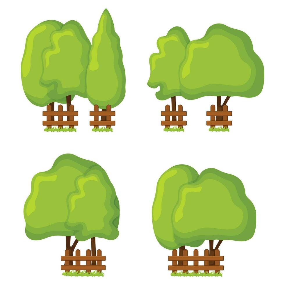 Concept tree organic natural pine and fir forest with fence icon vector illustration botanical graphic wood landscape, isolated on white.